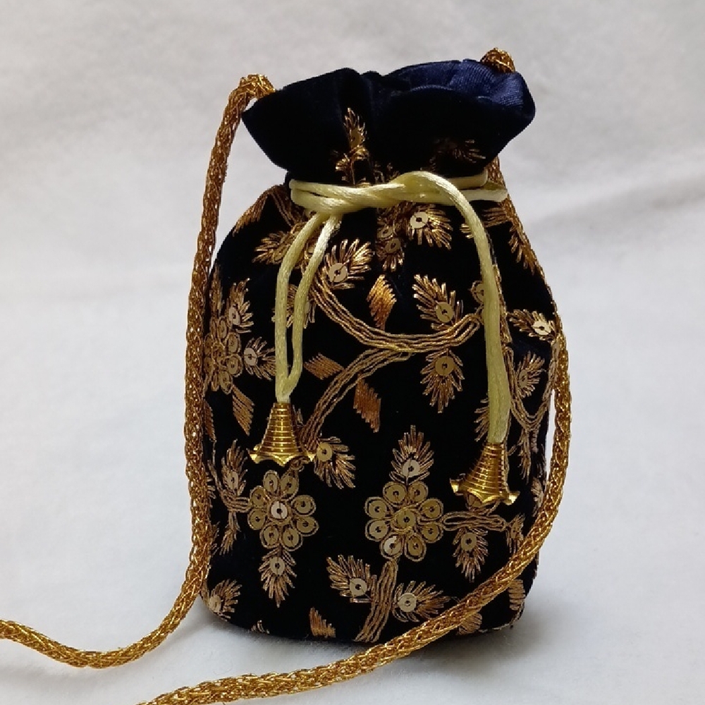 Elegant Gold and Black Embroidered Drawstring Bag